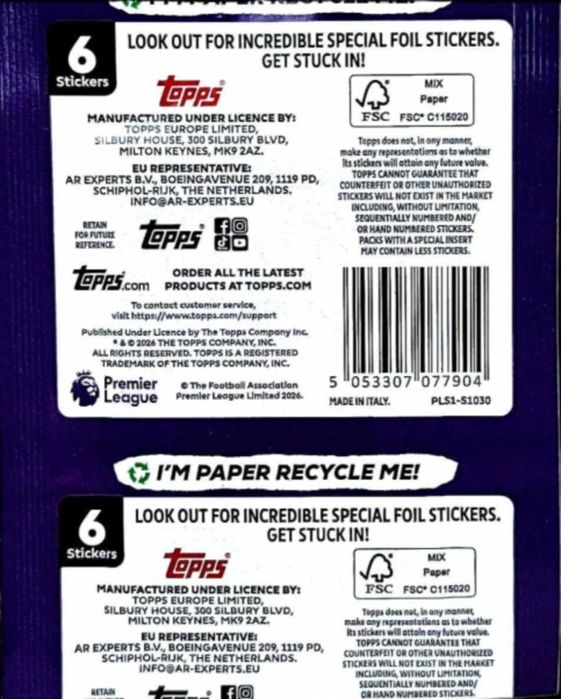 Kolekcja naklejkowa Premier League topps 2026 - saszetka