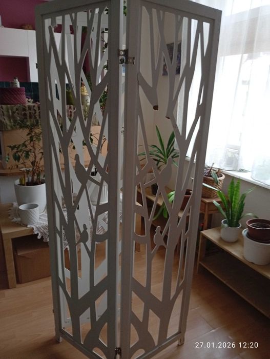 Biały drewniany parawan 4 skrzydłowy z ptakami