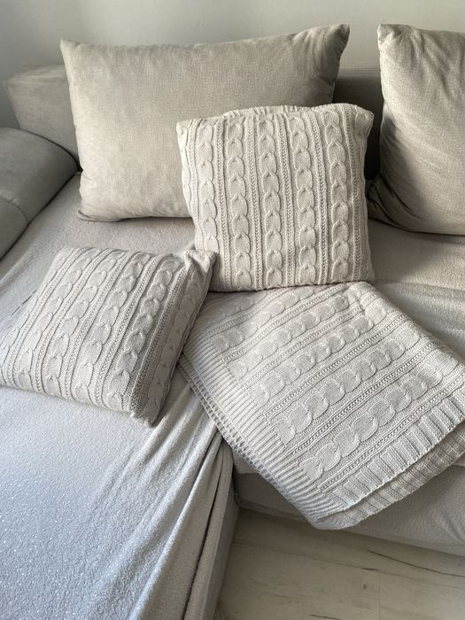Komplet koc i dwie poduszki sweterkowe plecione warkocz szary