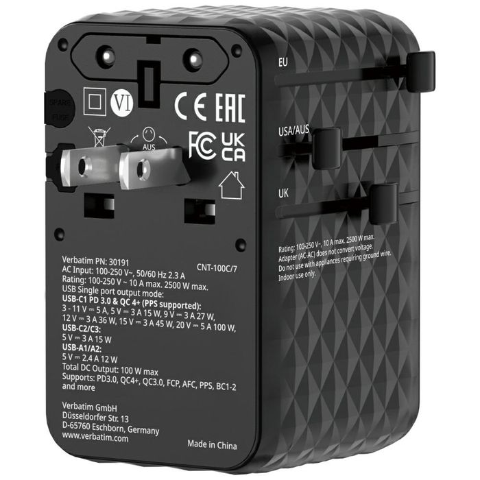Verbatim Adapter podróżny EU/UK/US GaN 2xUSB-C/2xUSB-A/1xUSB-C PD 100W czarny 30191