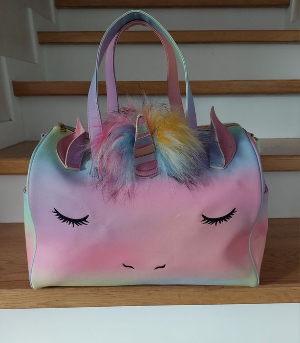Tęczowa, kolorowa torba podróżna dla dziewczynki, jednorożec,z paskiem