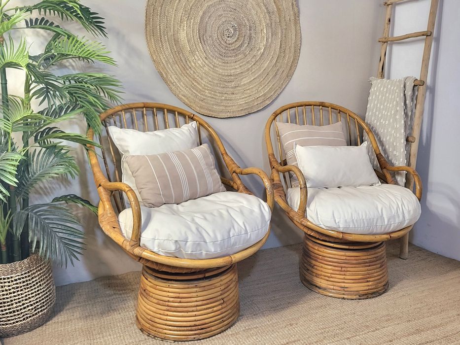 2 cadeiras, poltrona, rotativas, bambu, rattan, vintage, rustico