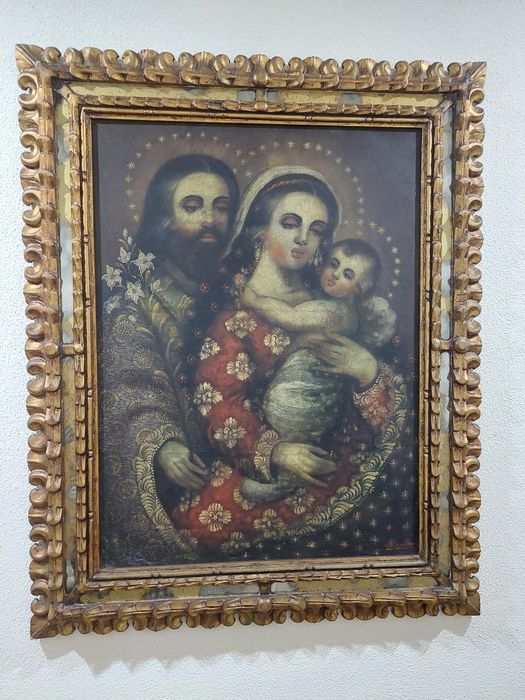 Sagrada família, escola cusquenha. Pintura a óleo em tela.