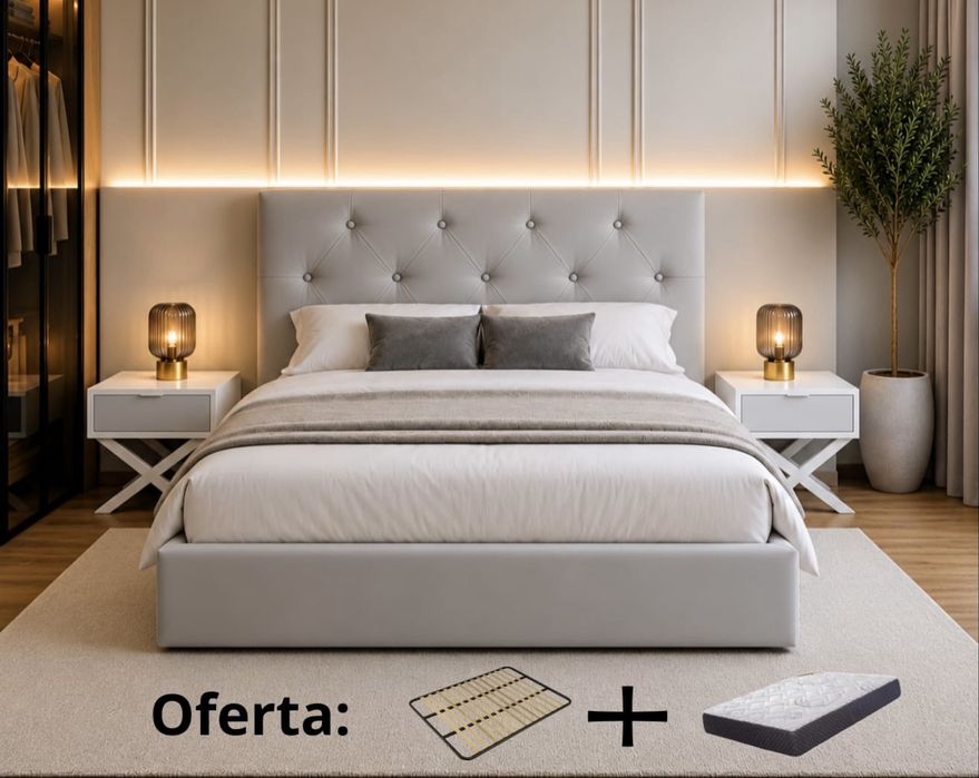 Cama estofada c/estrado e colchão