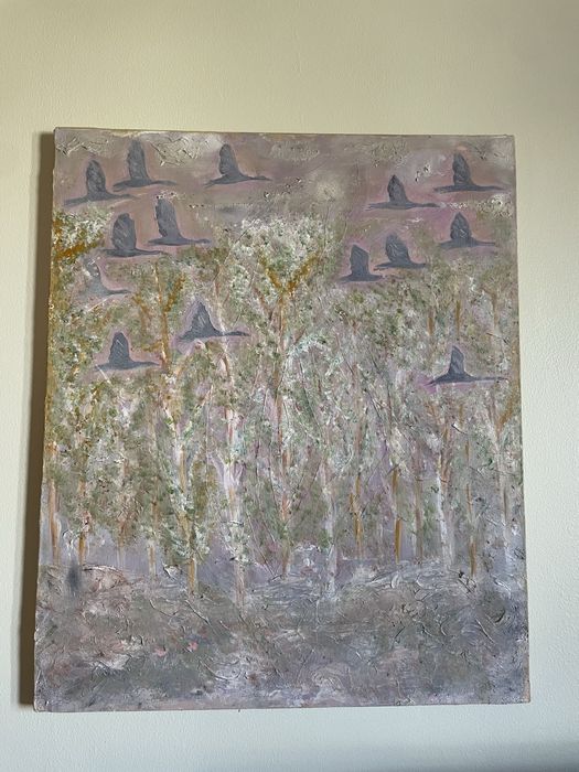 Pintura original a acrilico - Paisagem com Aves em Voo