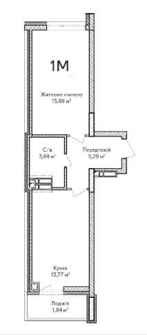 1-кімнатна квартира 43,7 м² + доступ до ремонту 75%.