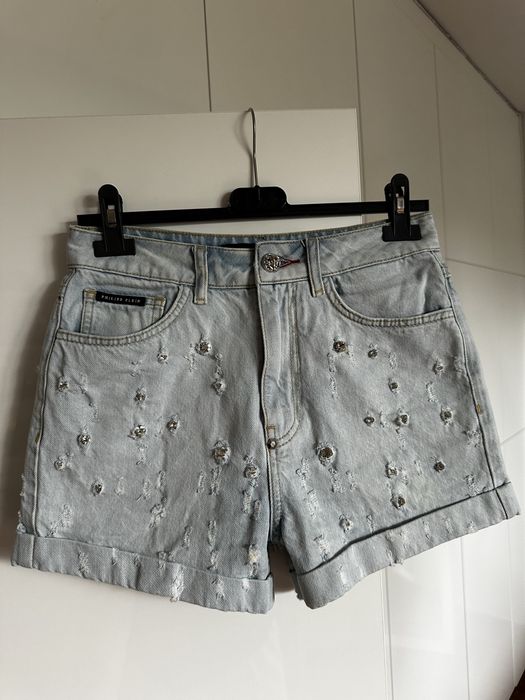 spodenki Phillip Plein S w26 crystal shorts jasnoniebieskie luksusowe wysoki stan kryształki podwinięte nogawki