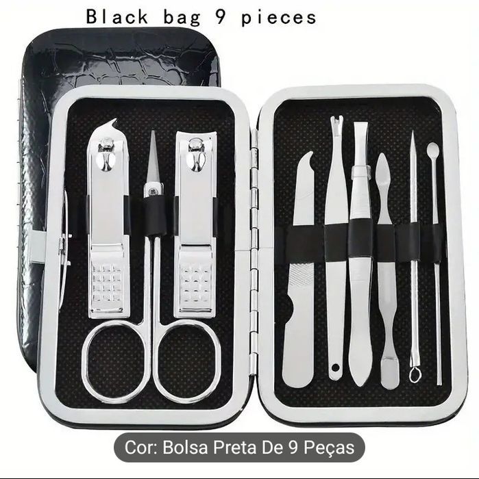 Conjunto de Manicure e pedicure com 9 peças, disponível em 2 cores.