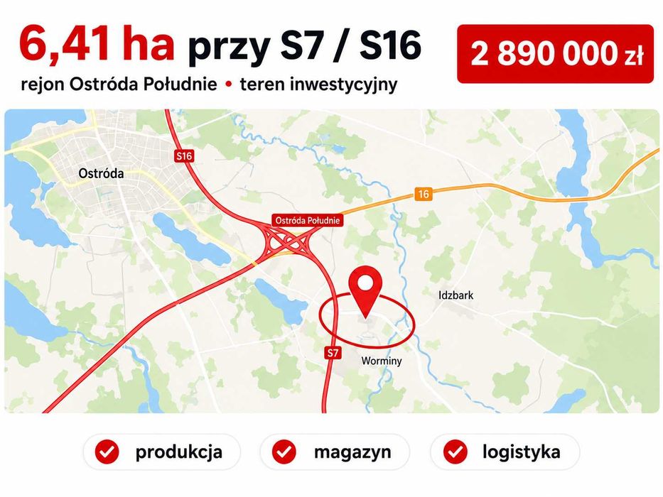 dziłaka 6,41 ha przy S7/S16 – Ostróda Południe, teren pod halę lub magazyn
