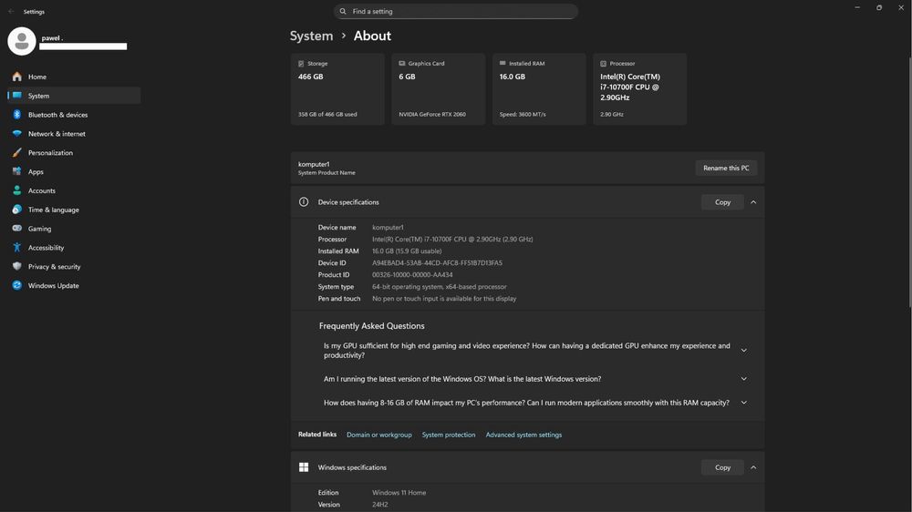 Komputer RTX 2060 i7 10700F 16Gb 3600Mhz
