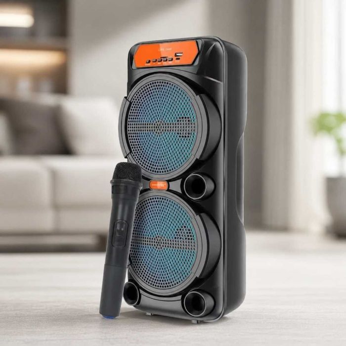 Портативна Bluetooth колонка для караоке 50Вт з бездротовим мікрофоном 2 динаміки 8" USB AUX FM RGB акустична система для дому та відпочинку