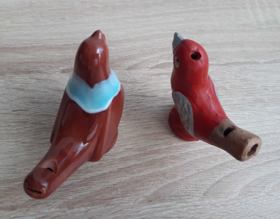Gliniany ptaszek, gwizdek,  pamiątka PRL, 2 szt.