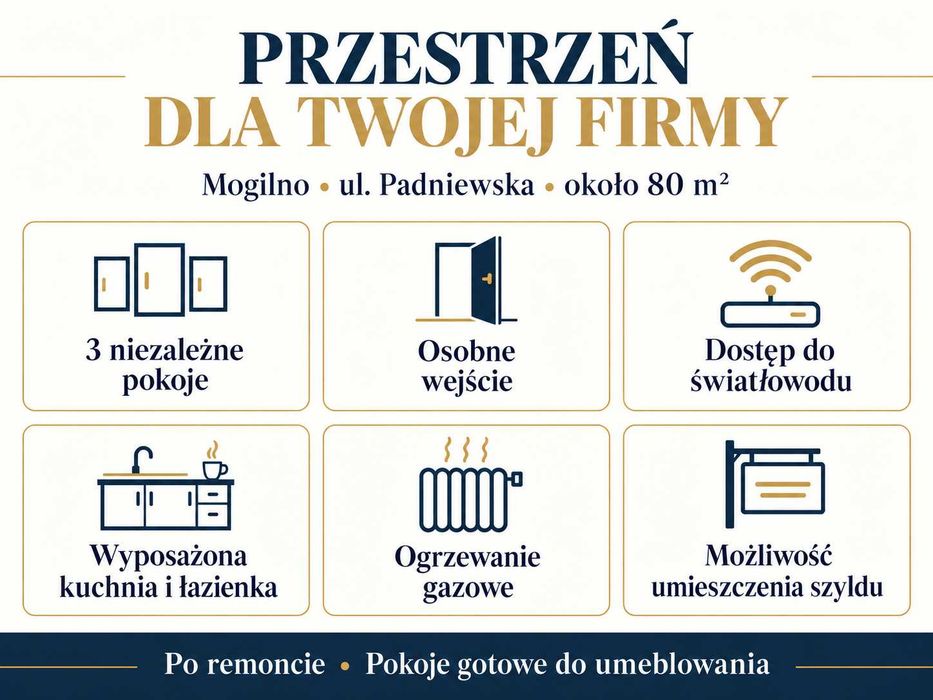 Do wynajęcia 80 m² na biuro | 3 pokoje, osobne wejście, parking | Mogilno