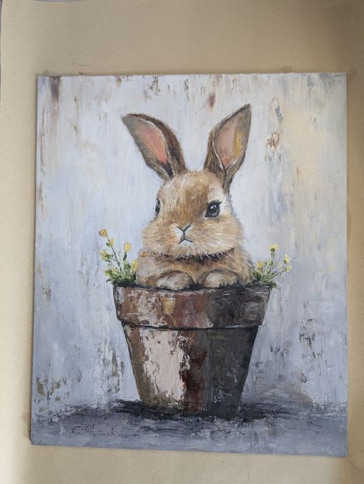 Obraz malowany farbami olejnymi, 25 × 30 cm, Królik, rękodzieło
