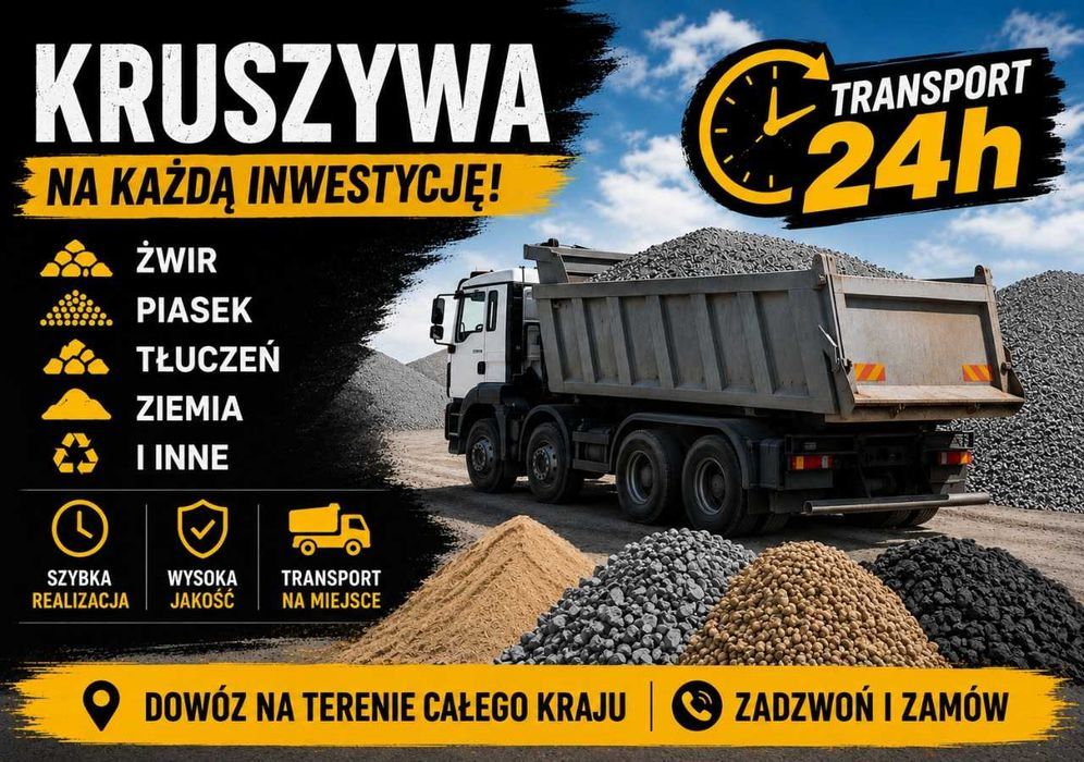 Piasek Żwir Tłuczeń Kliniec Ziemia Kruszywo z Transportem Cała Polska Dostawa Wywrotką Szybko Tanio Materiały Budowlane