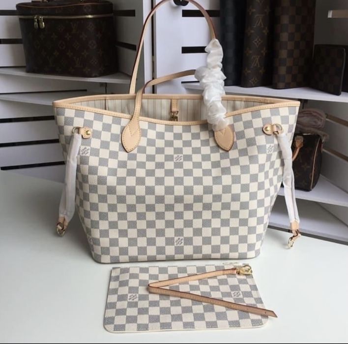 Torebka damska shopper Louis Vuitton biała kratka neverfull MM