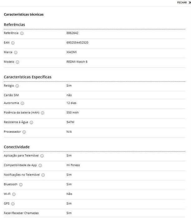 Smartwatch XIAOMI Redmi Watch 6 (2.07'' - Bluetooth - Autonomia até 12 dias - Preto)