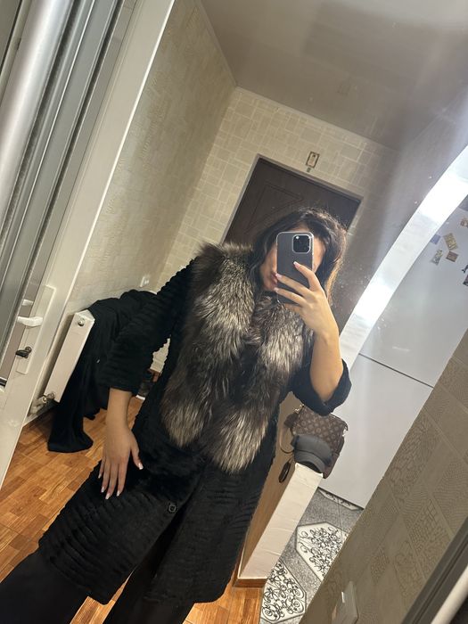 Шуба чернобурка кролик рекс стриженная длинное меховое пальто норка