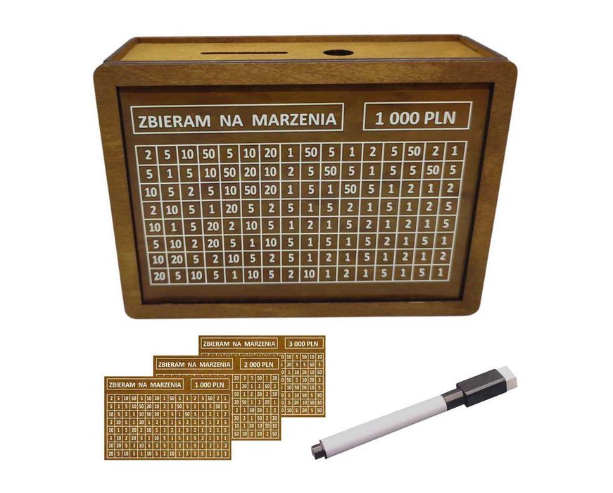 SKARBONKA DREWNIANA Wykreślanka 3 Karty 1000 zł 2000 zł 3000 zł Pisak