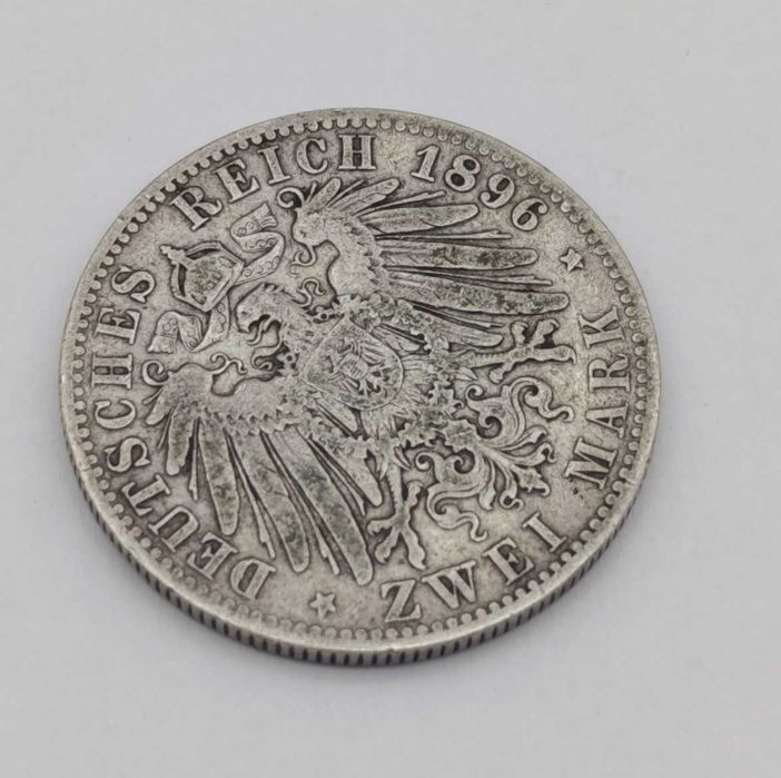 Moeda de 2 marcos em prata alemã de 1896 – Prússia – Kaiser Guilherme II – Deutsches Reich – 90% prata