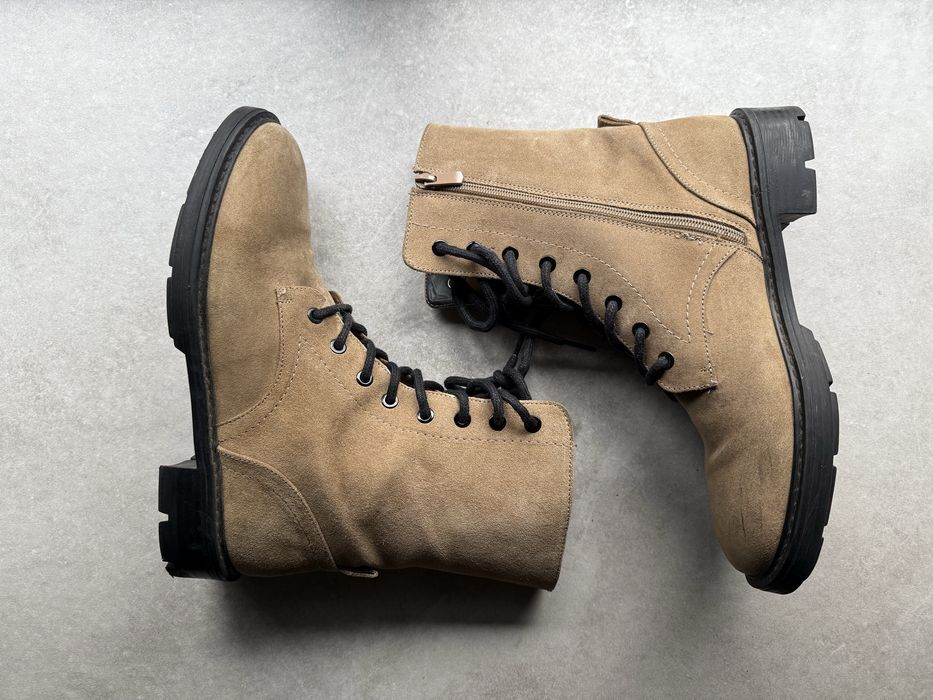 Шкіряні/замшеві біжеві чоботи ZARA 39 (25.5см) низький каблук