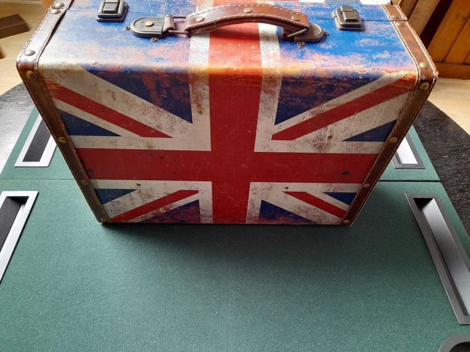 Mala retro madeira forrada tela pintada bandeira UK usada bom estado