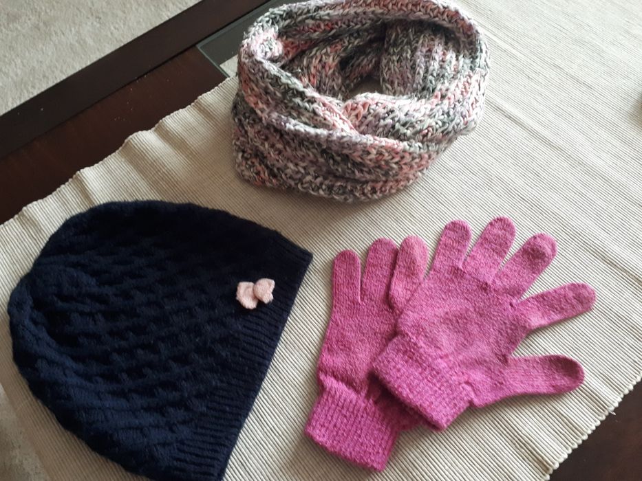 Czapka szalik komin wiosna granat róż komplet dziewczynka 116 122