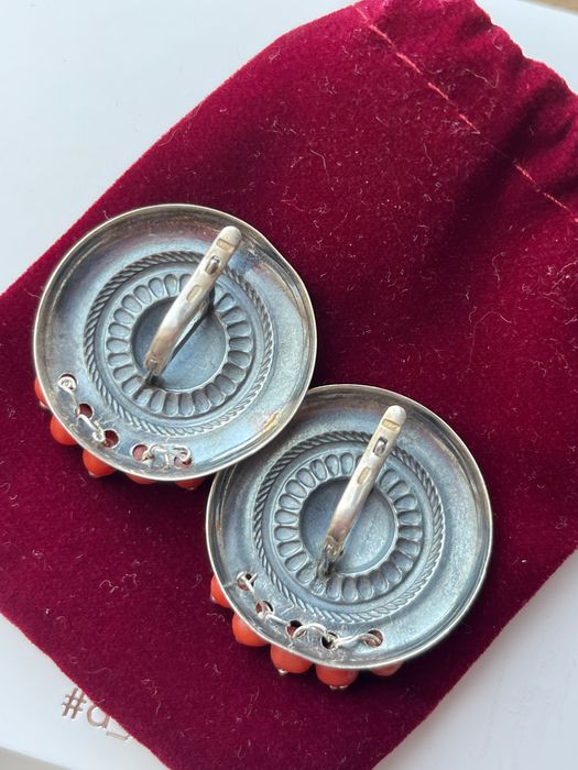 Дизайнерські срібні сережки корал в етно стилі вінтаж без повтору