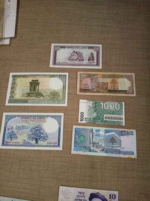 LÍBANO, 6 Notas 5 Não Circuladas 10, 100, 250, e 2 de 1000 e 1 BC 50