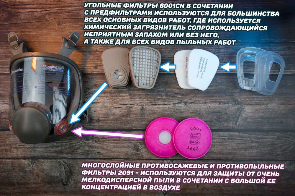Полнолицевая маска-респиратор 6800 3М, комплект 28 в 1 +2 фильтра 2091