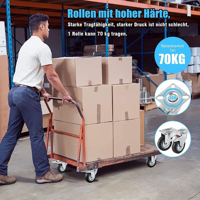 zestaw 4 gumowych kół transportowych 75 mm z hamulcami nośność 200 kg