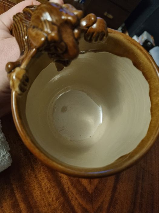Vintage ceramiczny dzbanek kufel na piwo z diabłem uchwyt