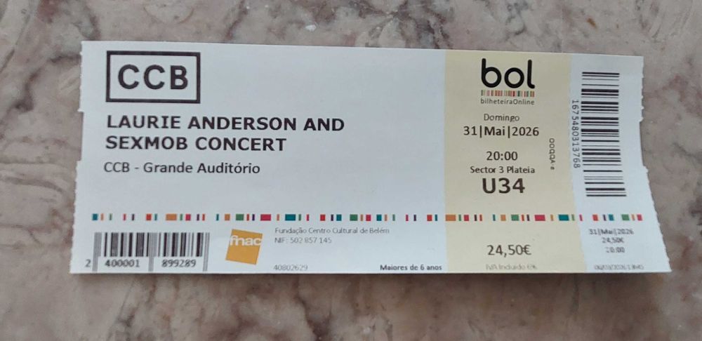 Bilhete Laurie Anderson 31 Maio CCB