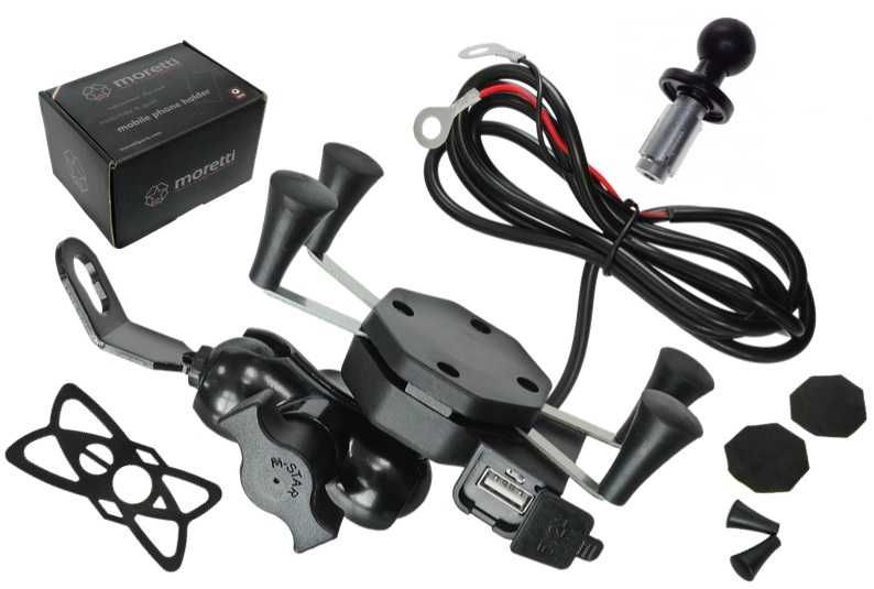 Uchwyt telefonu z USB w GŁÓWKĘ RAMY motocyklowy Leoshi MORETTI lub pod lusterko