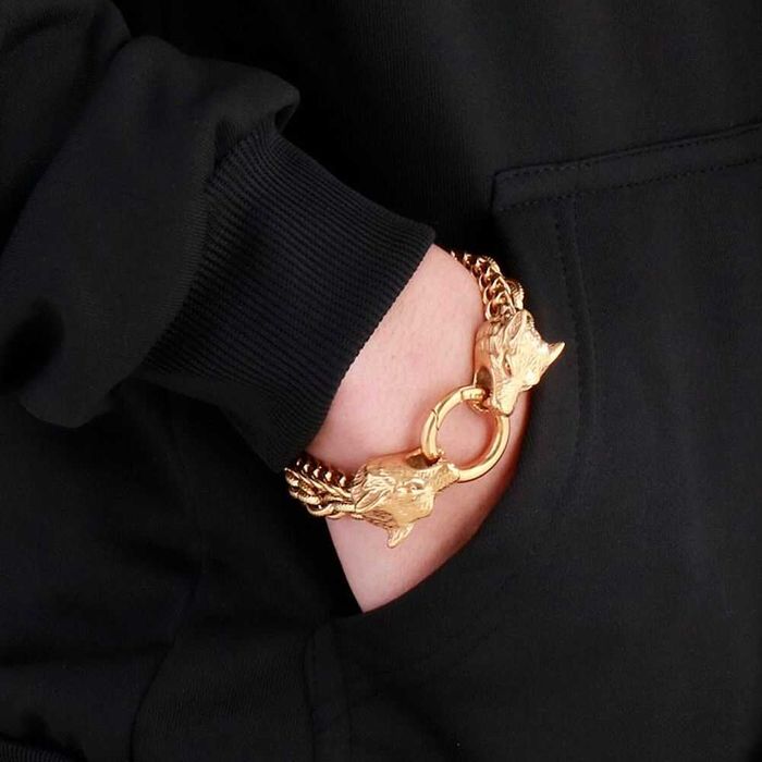 Kwadratowa Pancerka Bransoletka Łańcuch z Wilkami 18K Złoto