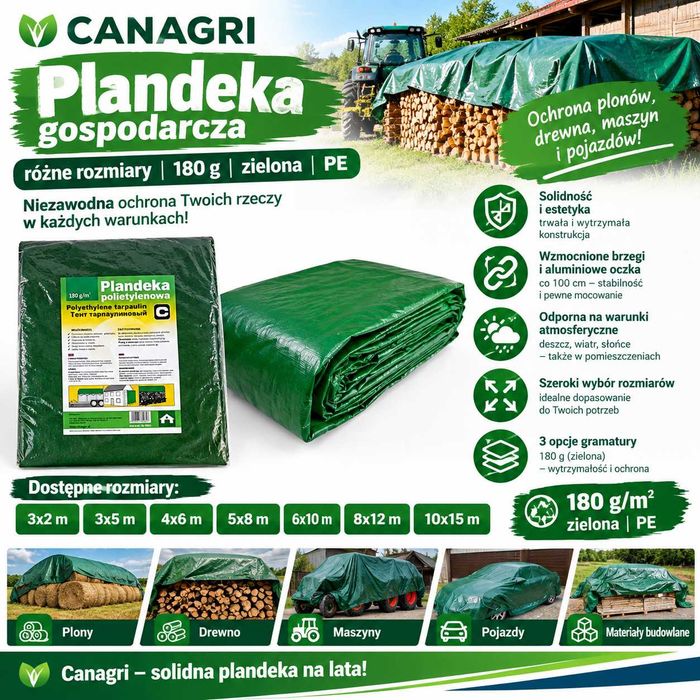 Plandeka różne rozmiary, 180 g, zielona, PE, Canagri