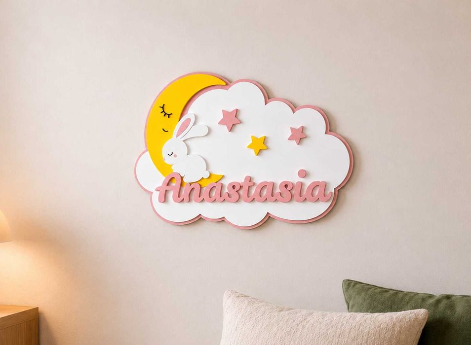 Placa Personalizada com Nome para Quarto de Bebé – Coelho e Lua 3D