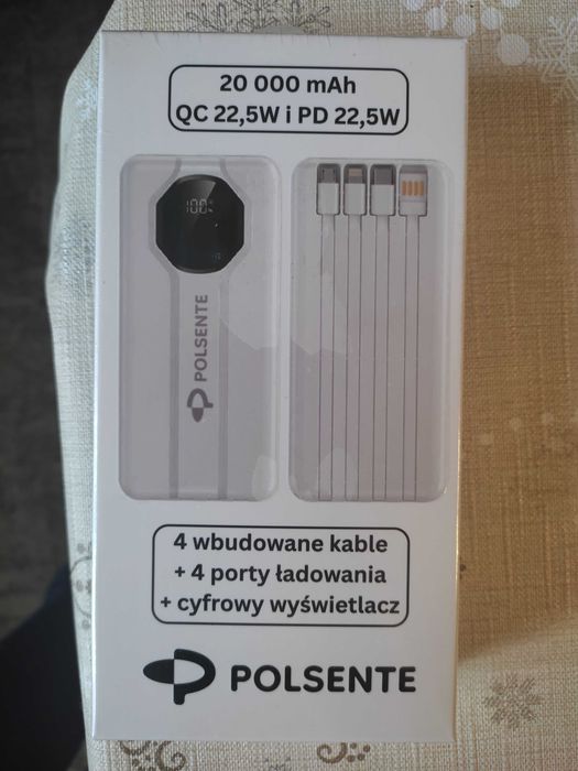 Powerbank 20000 mAh | Szybkie ładowanie | 4 kable + 4 porty | POLSENTE