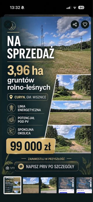 3,96 ha gruntów rolno-leśnych w Curynie | Linia energetyczna | Potencjał pod PV