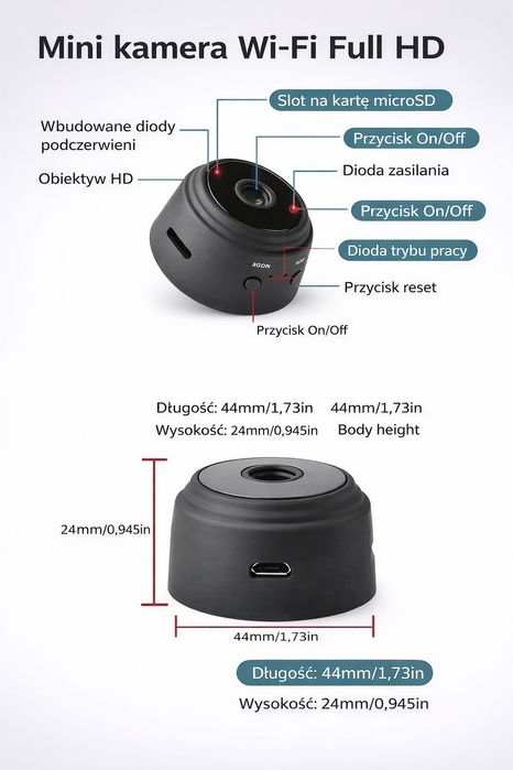 Mini kamera wifi hd szpiegowska podgląd telefon A9 detekcja ruchu