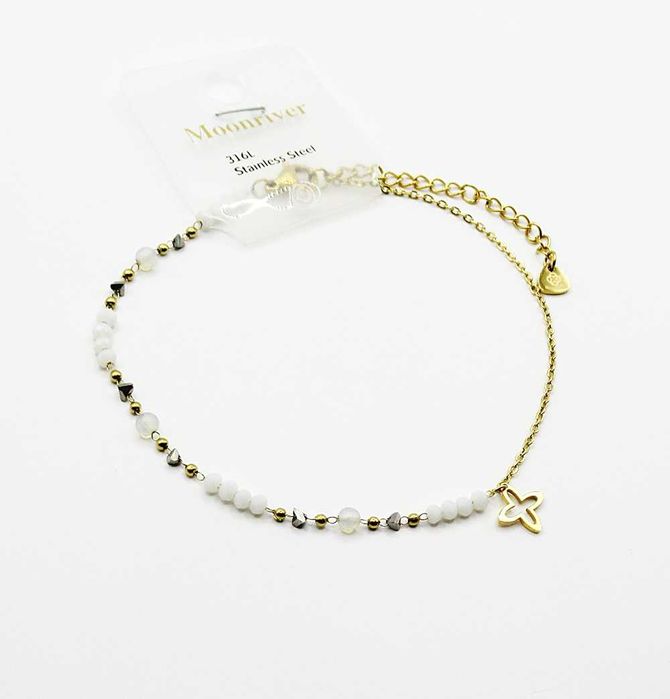 Bransoletka stal chirurgiczna damska na nogę kostkę koralik białe BN92