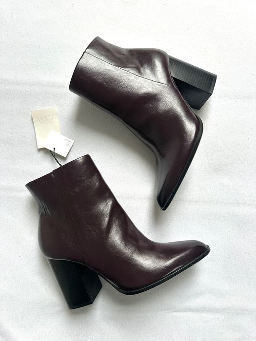 ZARA botki burgundowe słupek szpic skóra eko NOWE 38