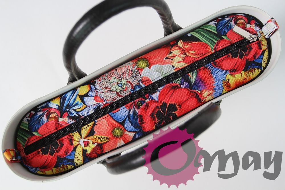 Czarny organizer OBAG MINI +OPASKA kwiaty maki 2 kieszenie wkład OMAY