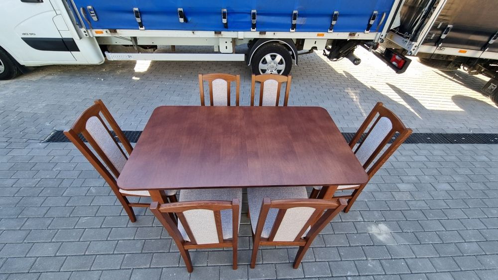 Nowe: Stół 80x140/180 + 6 krzeseł, kasztan + kawa z mlekiem, transPL