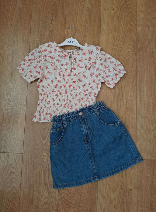 Синяя джинсовая юбка и блузка кофточка для девочки