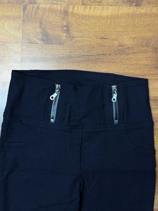 Legginsy eleganckie z zamkami wysoki stan high granatowe spodnie M 38