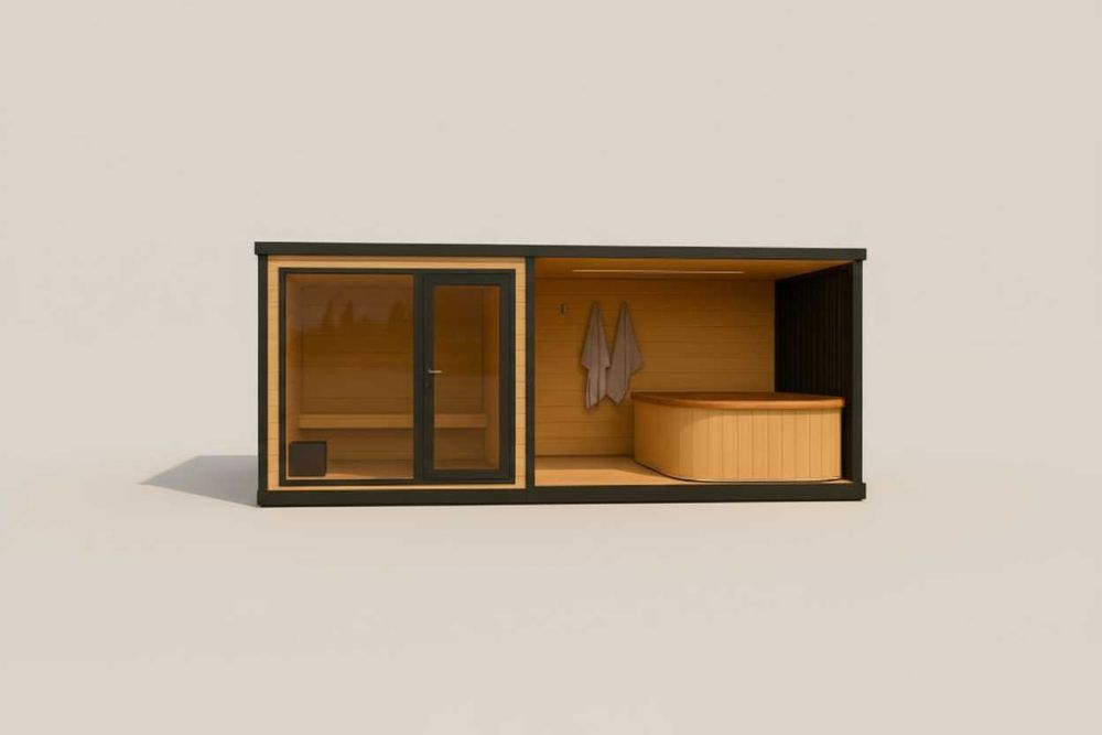 Mobilna sauna z jacuzzi piecem schodki balia basen transport