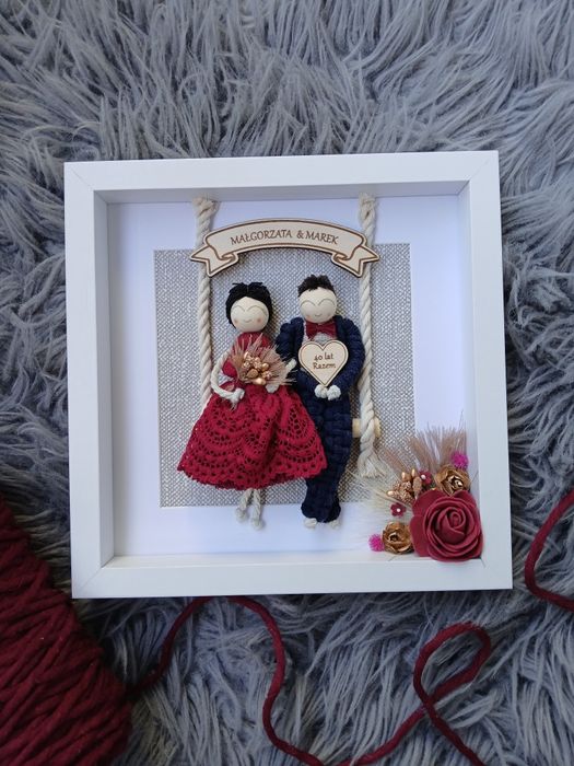 Pamiątka 40 rocznicy ślubu ramka na rubinowe gody makrama