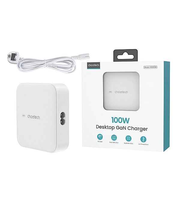 Szybka ładowarka sieciowa GaN Choetech PD8008, 100W 2x USB-A / 2x USB-