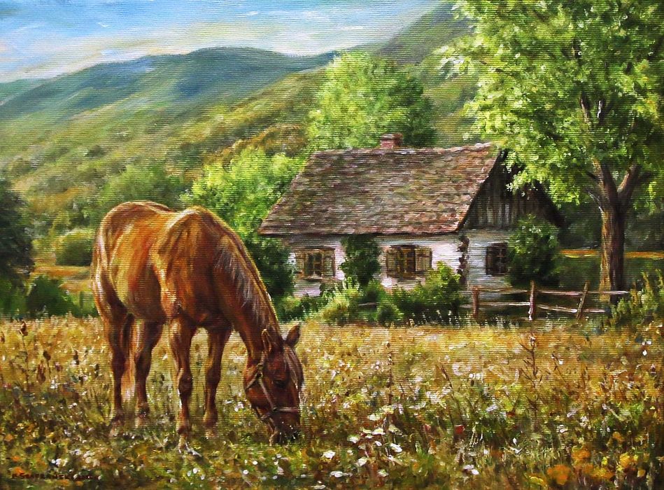 Obraz ręcznie malowany pt. „Na skraju doliny”- Koń, pejzaż 40x30 cm.